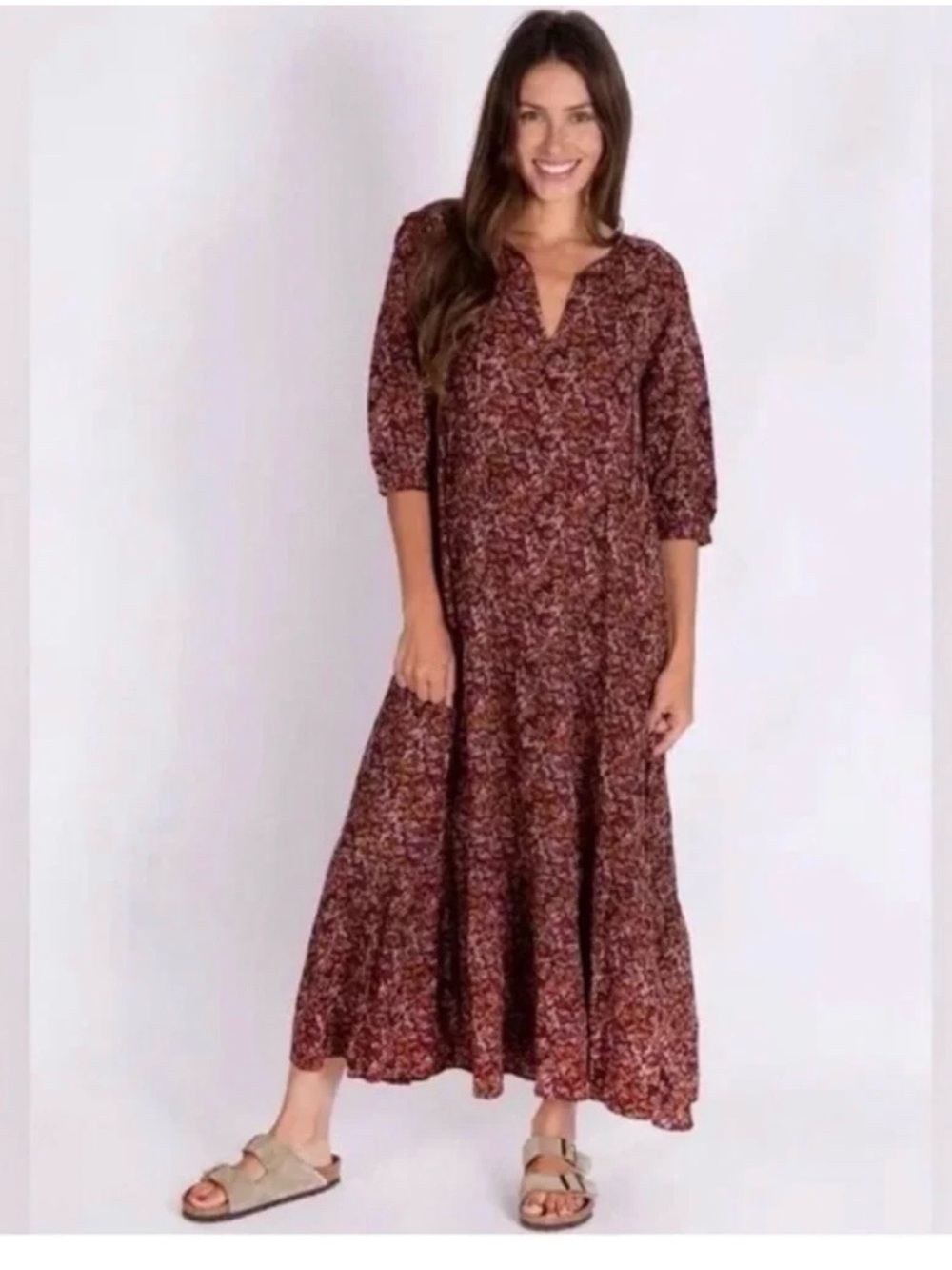 NATURAL LIFE Brown Floral Maxi Dress with Pink and Cream Blossoms Size Medium